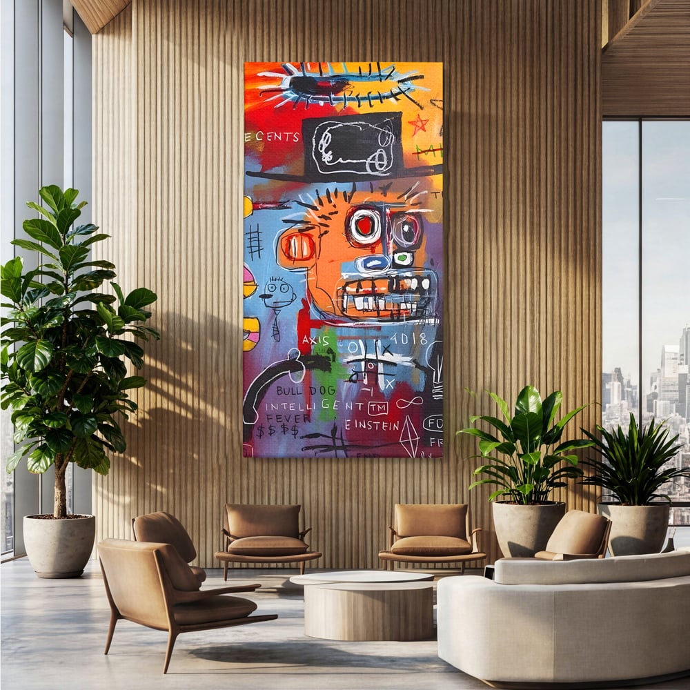 Tablou canvas cu tablou abstract cu portret si inscriptii, fara rama, pe sasiu de lemn, pe perete intr-un birou
